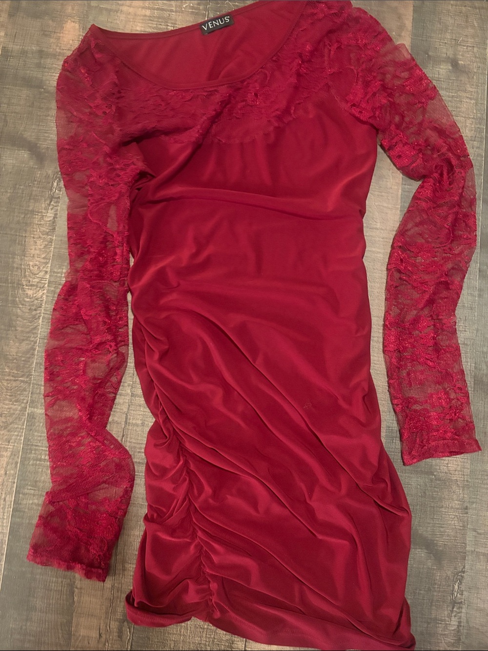 VENUS Red Lace-Sleeve Ruched Bodycon Dress S